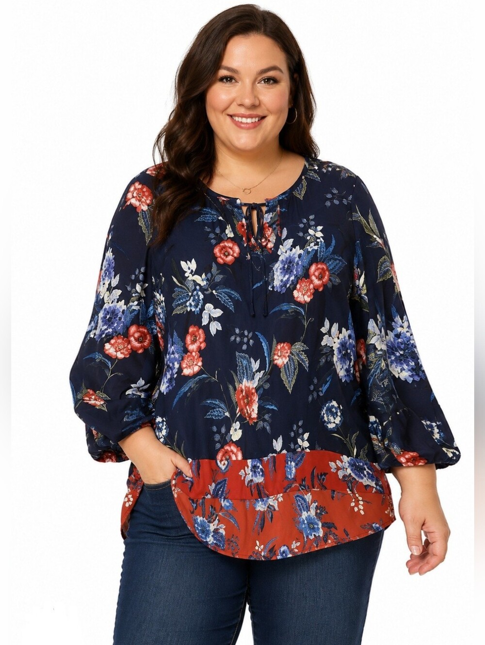 ❤️2/$18 Dr2 Blouse Flowy Floral Flowers Top Long sleeve Blue/Red Lightweight XL
